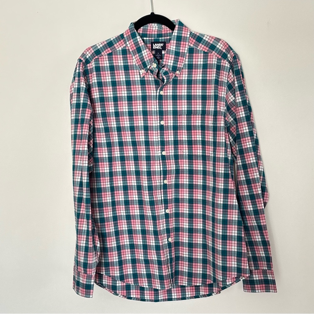 Lands End Men’s Long Sleeves Button Shirt Checkered Plaid Size Large F7